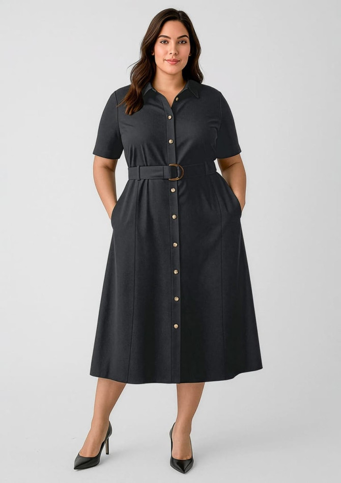 A women's midi dress in dark grey with short sleeves, a button-down front, and a belted waist. Features a logo.