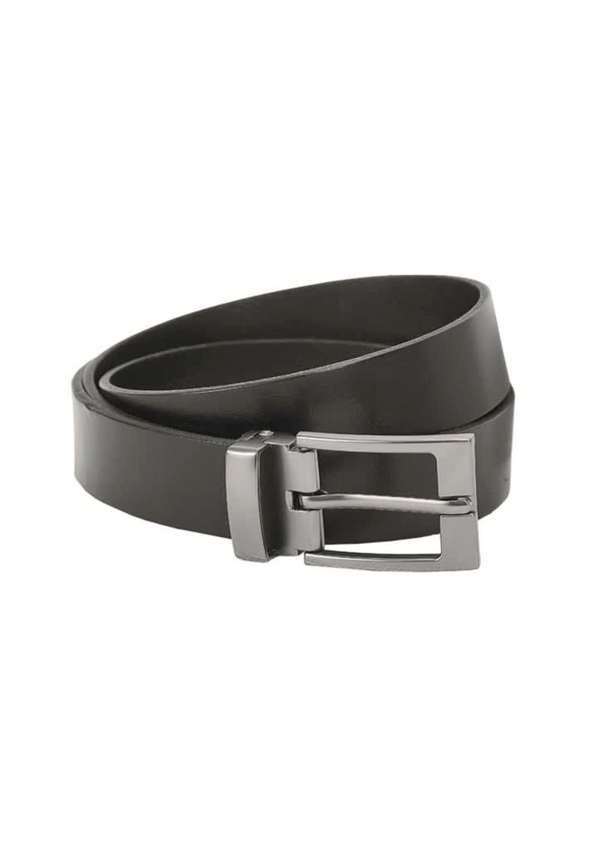 A black leather belt featuring a silver buckle and a simple, classic design.