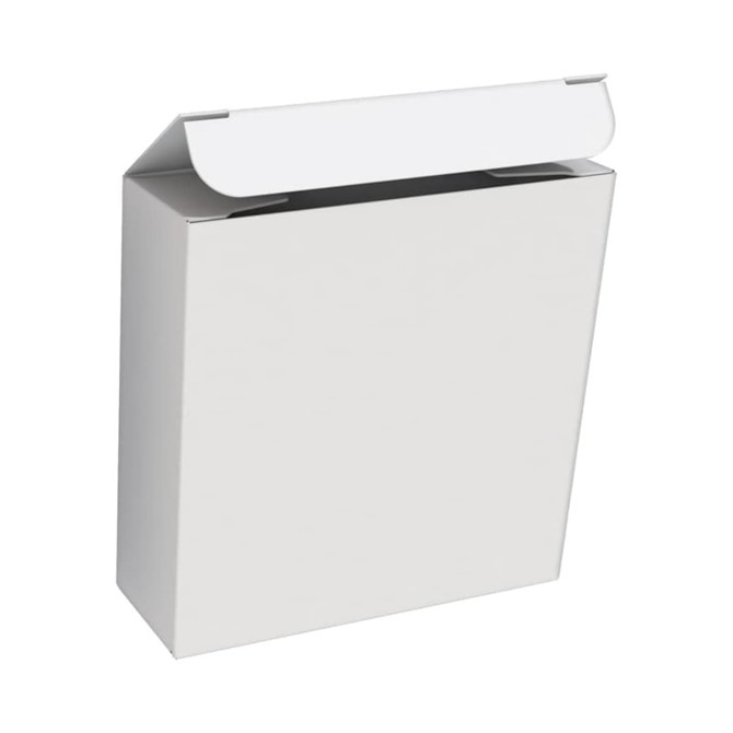 A white rectangular box with a flip-top lid, designed for packaging a product. It features a smooth, clean finish.