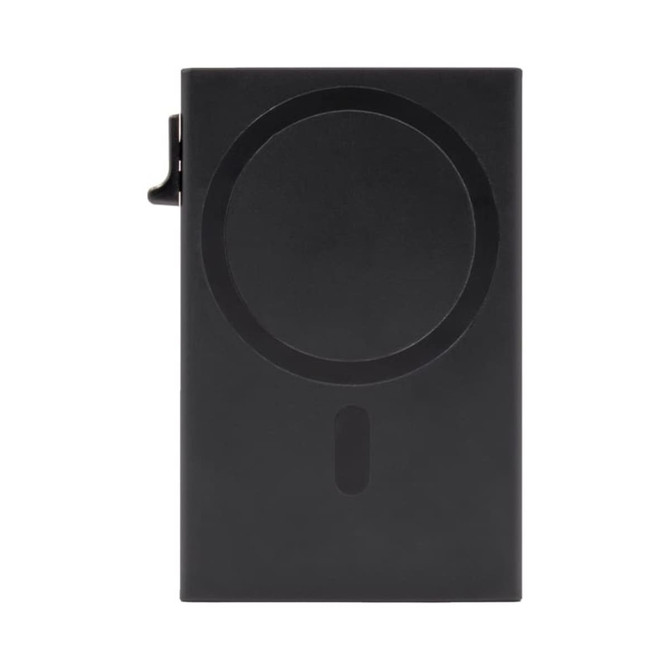 A black RFID case with a circular design and clip attachment. It features a sleek and minimalistic appearance.