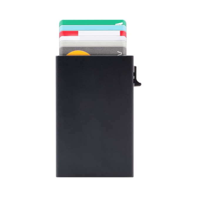 A black RFID card case holds several cards and features a sliding mechanism. It includes a logo.