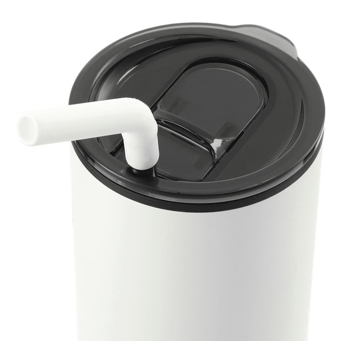 A drink bottle featuring a white body, black lid, and a white stainless steel straw, with a logo on its surface.