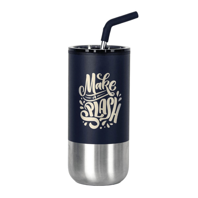 A drink bottle featuring a navy body, stainless steel base, and a metal straw. It has a decorative logo.