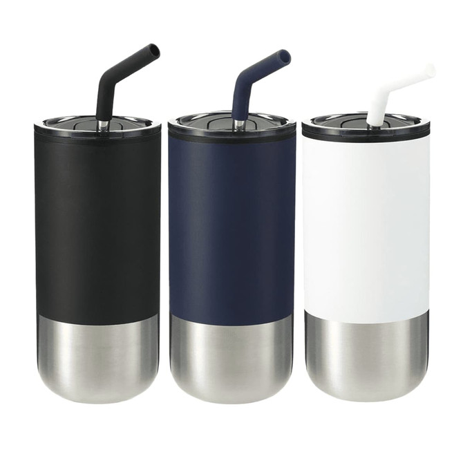 A drink bottle set featuring three tumblers in black, navy blue, and white with stainless steel bottoms and straws.