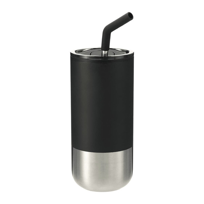 A drink bottle featuring a black exterior and stainless steel base with a reusable straw. It has a logo on it.