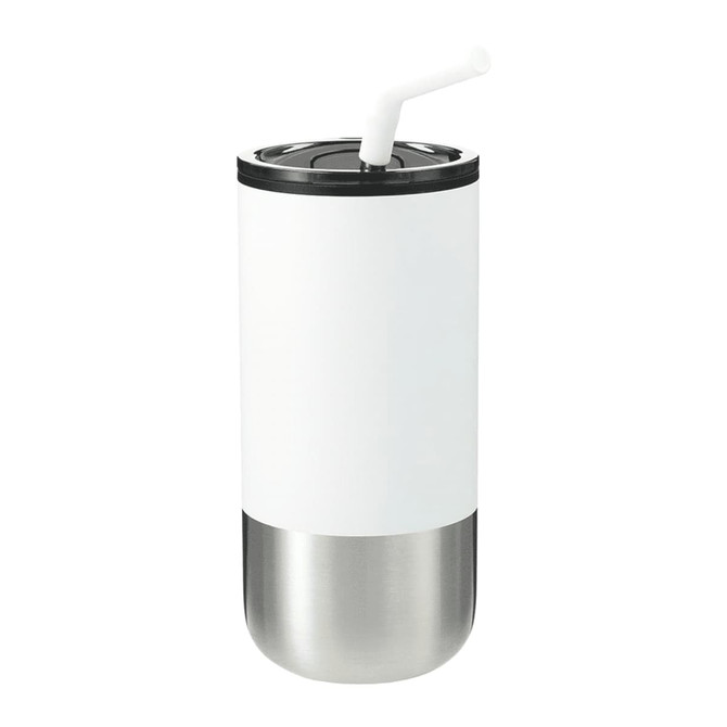 A drink bottle with a white body and stainless steel bottom, featuring a black lid and a white straw. Includes a logo.