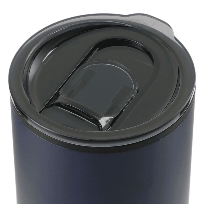 A drink bottle featuring a navy exterior, a black lid, and a stainless steel straw, with a logo visible.