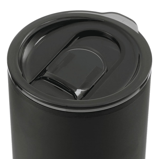 A drink bottle with a black matte finish and a sleek lid featuring a sliding opening. It has a straw and logo.