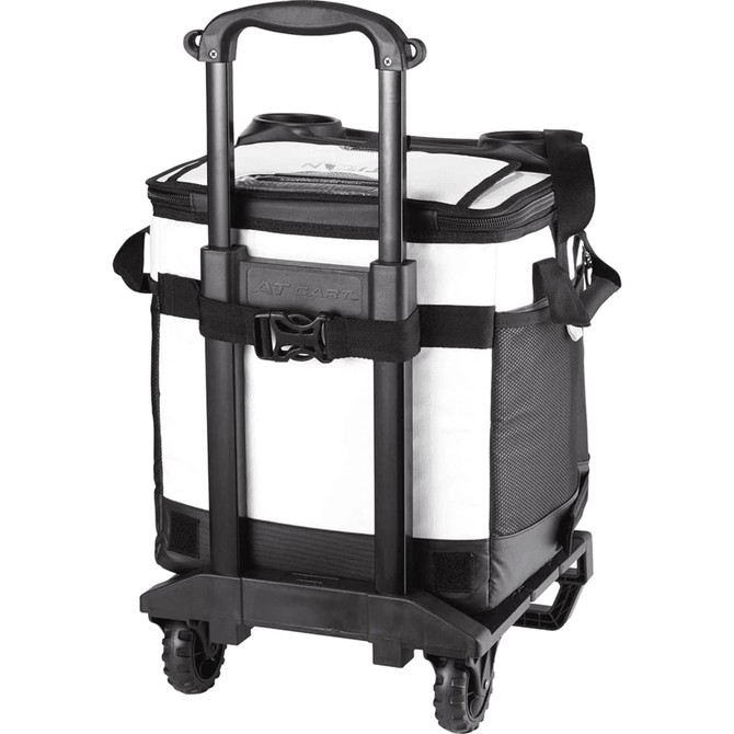 A white and black rolling cooler with a handle and wheels, featuring side pockets and a logo.