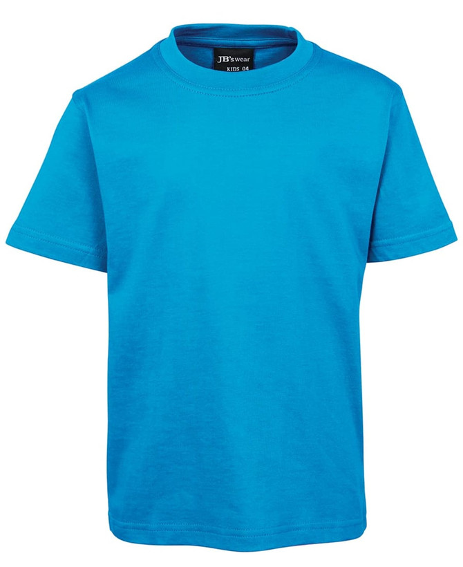 A bright blue children's t-shirt with a round neck and short sleeves, featuring a logo on the inside label.