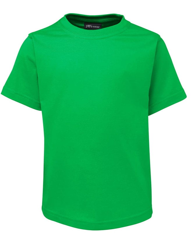 A vibrant green kids' t-shirt featuring a round neckline and short sleeves, with a logo tag on the collar.