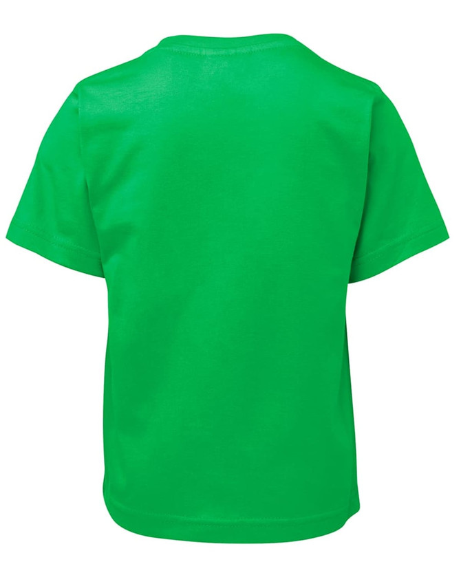 A vibrant green kids' t-shirt with short sleeves and a simple design. It features a logo on the back.