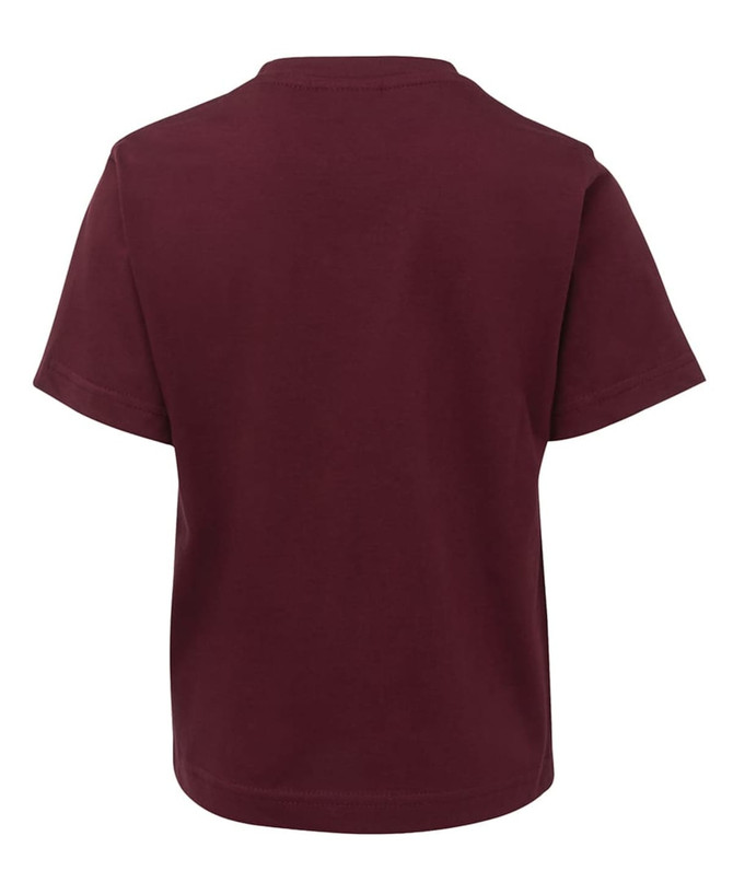 A back view of a maroon kids' T-shirt featuring a simple design and a logo.