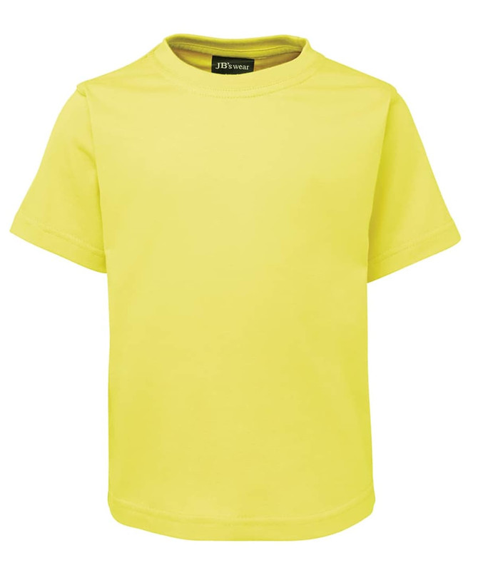 A bright yellow children's T-shirt featuring a crew neck and short sleeves, with a logo at the neckline.