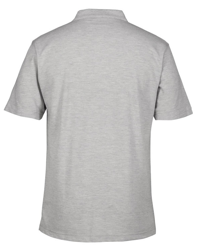 A grey polo shirt with a classic design, featuring short sleeves and a collar. The back view is displayed.