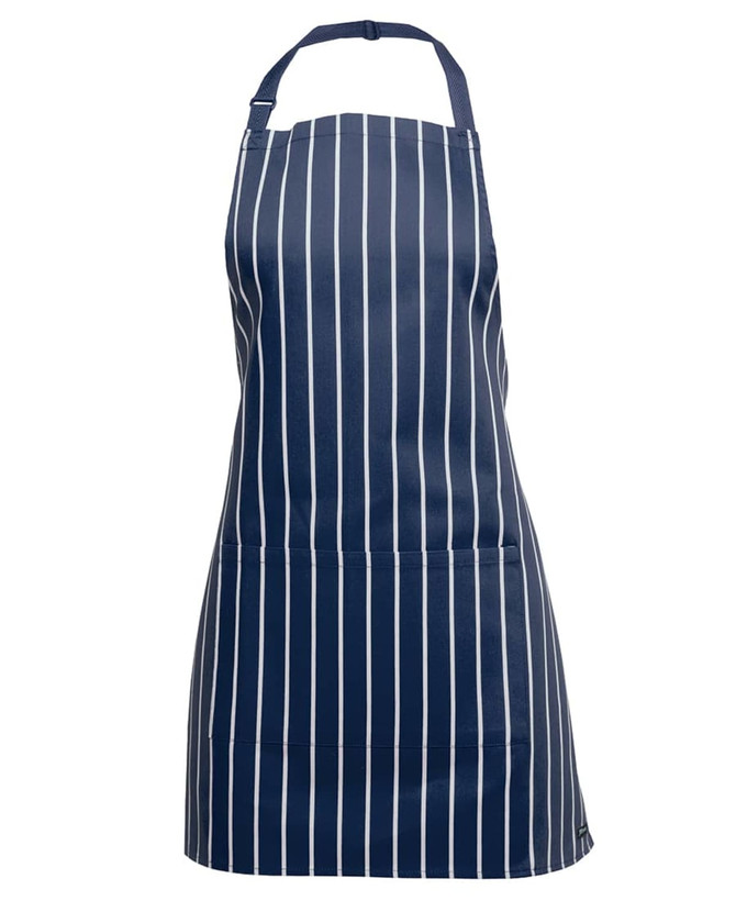 A navy striped apron featuring a pocket and an adjustable neck strap, with a branding logo.