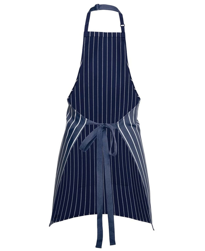 A navy blue striped apron featuring a pocket and adjustable neck strap. It has a tied waist and a branding logo.