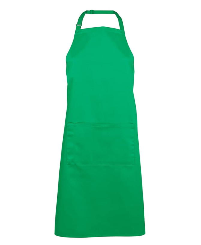 A green apron with an adjustable neck strap and a front pocket, featuring a logo.