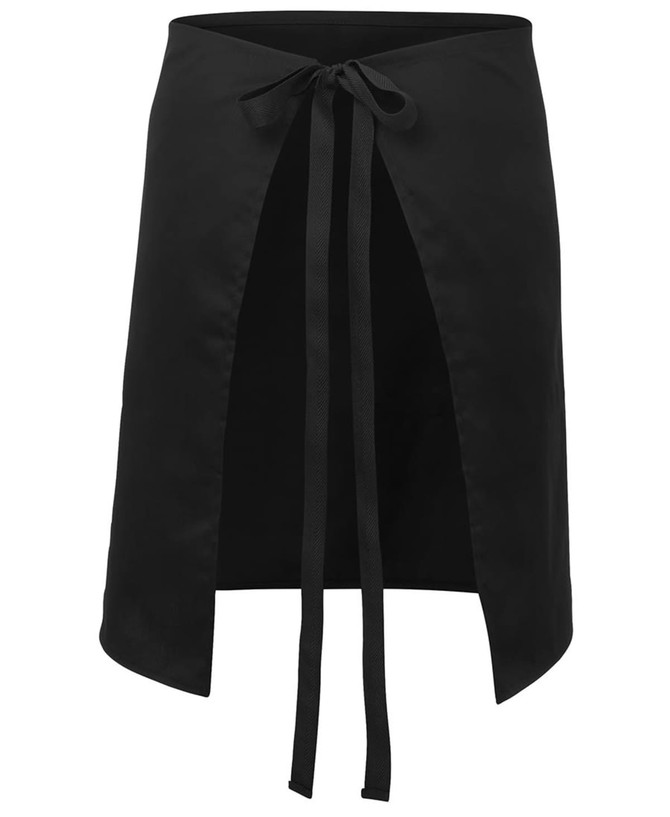 A black apron with a front opening and tie closure at the waist. Features a smooth, shiny texture and has a logo.