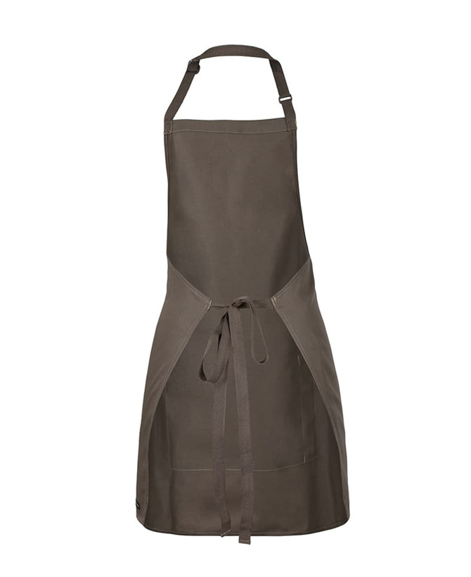 A brown workwear apron featuring an adjustable neck strap and waist ties, with a logo on it.