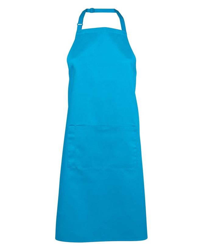 A bright turquoise apron with a single front pocket and an adjustable neck strap. It features a logo.