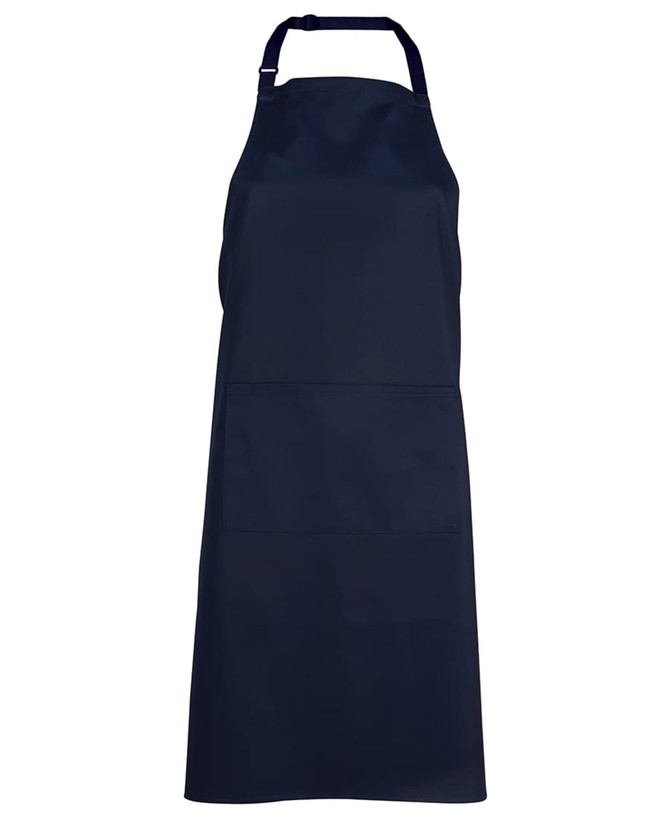 A navy blue apron with an adjustable neck strap and a front pocket. It features a logo or branding.