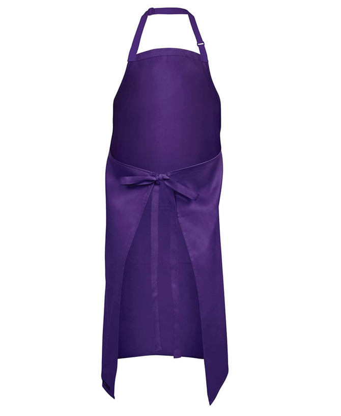 A purple apron with adjustable neck and waist ties, featuring a smooth fabric and a logo.