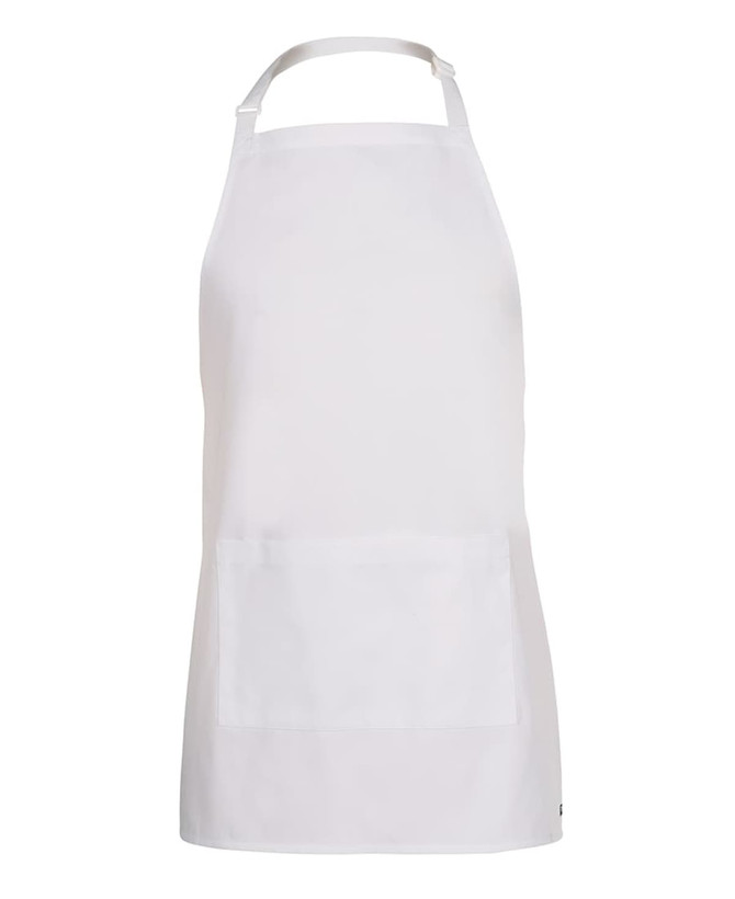 A white apron featuring a front pocket and a neck strap, with a logo on the side.