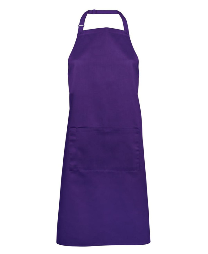 A purple apron featuring a front pocket and an adjustable neck strap. It has a simple design and includes branding.