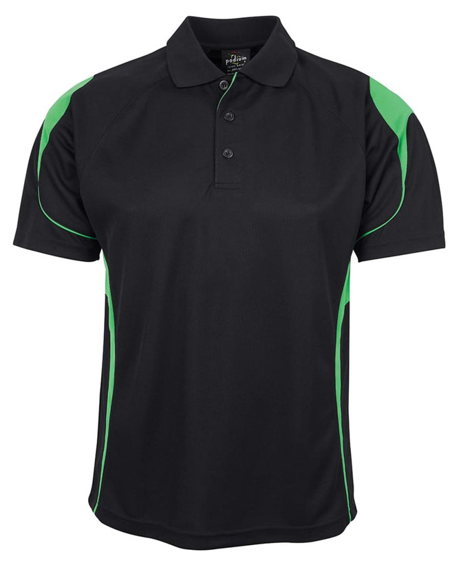 A black polo shirt with green accents and a logo on the front.