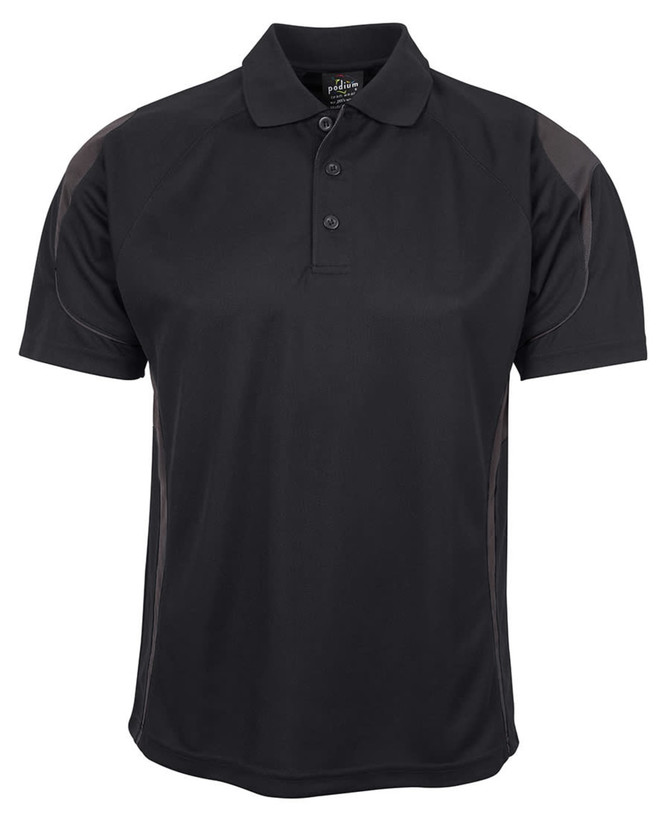 A black polo shirt featuring grey accents and a logo on the chest. It has a classic collar and button placket.
