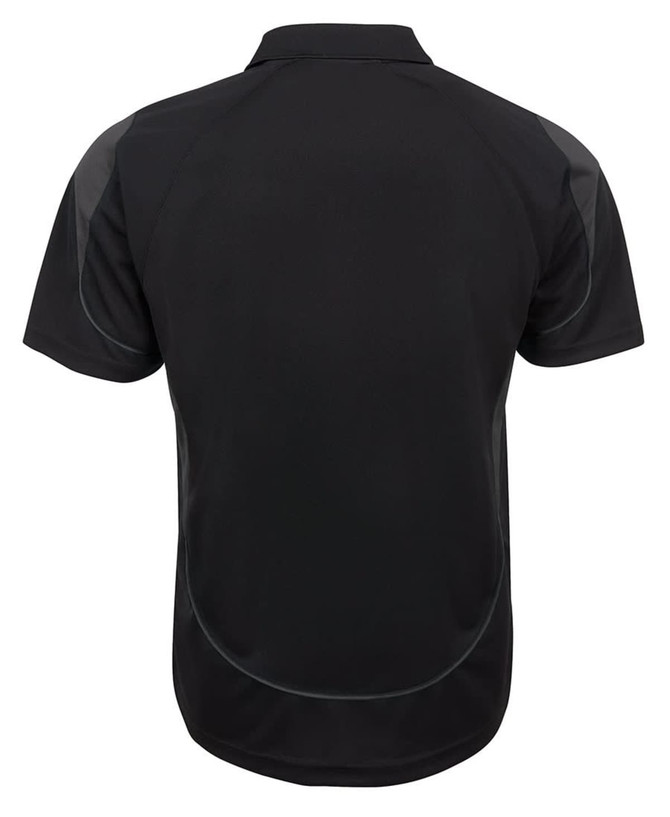 A black polo shirt featuring a sleek design and a logo on the back.