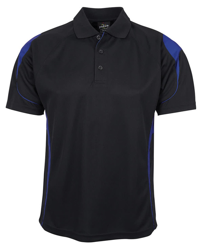 A black polo shirt with blue accents, featuring a collar and short sleeves, along with a logo.