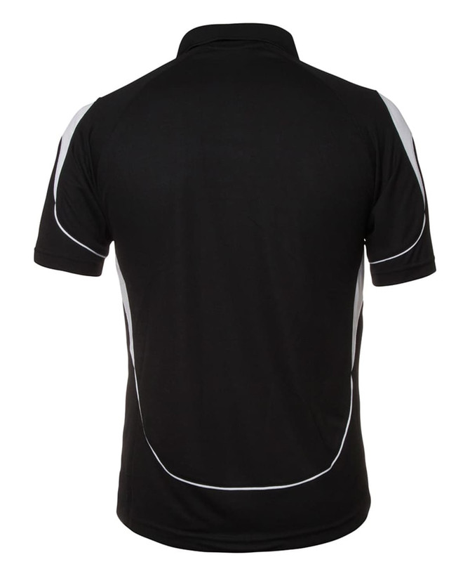 A black polo shirt featuring white detailing and an embroidered logo on the back.