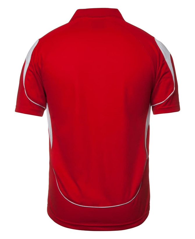 A red polo shirt featuring contrasting white panels and a logo on the front.