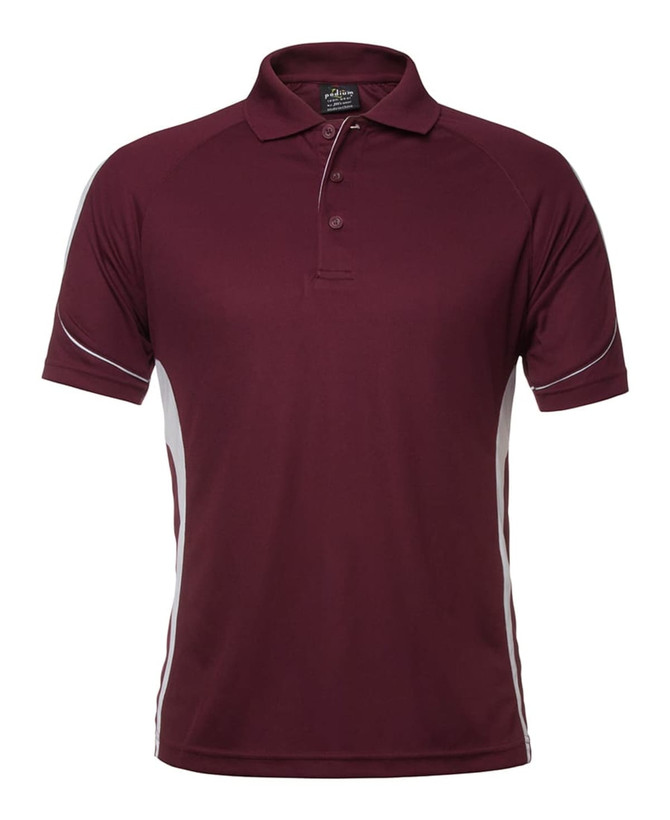 A burgundy polo shirt with white side panels and a logo on the chest. Features a classic collar and short sleeves.