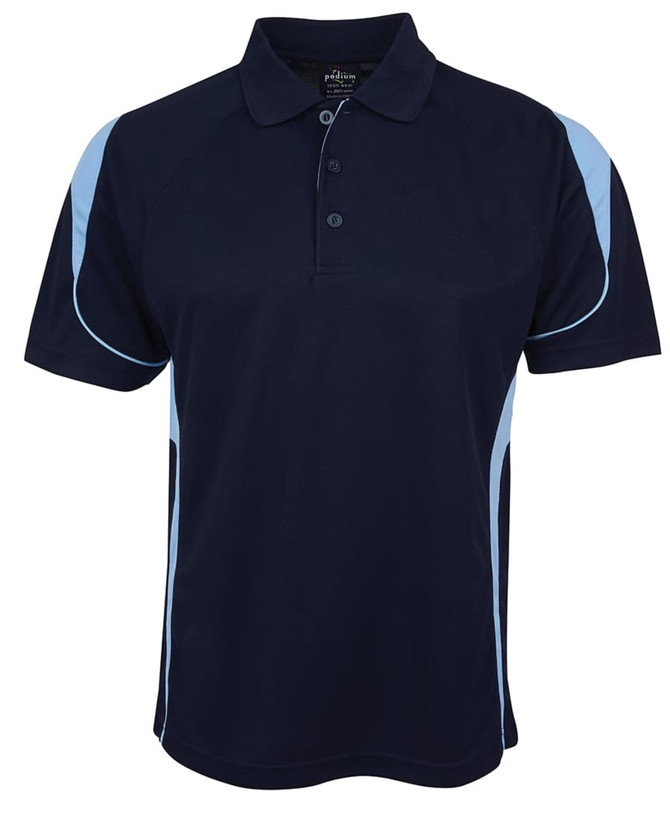A navy blue polo shirt with light blue accents and a logo on the chest.