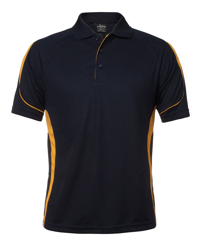 A navy polo shirt with yellow side panels and a collar. Features a logo on the front.