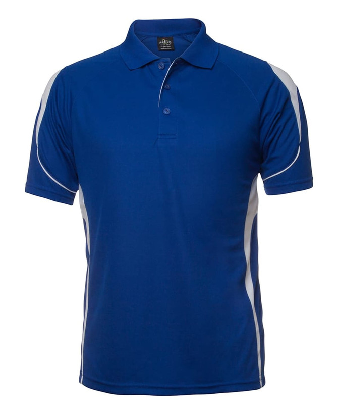 A blue polo shirt with white accents and a logo. It features a collared neck and short sleeves.