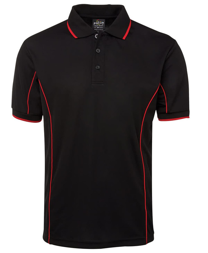 A black polo shirt with red piping details and a collar, featuring a buttoned placket and a logo.