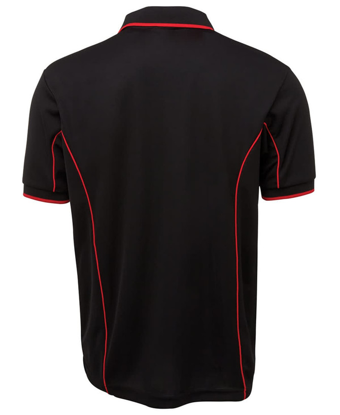 A black polo shirt with red piping detailing and a logo on the chest.