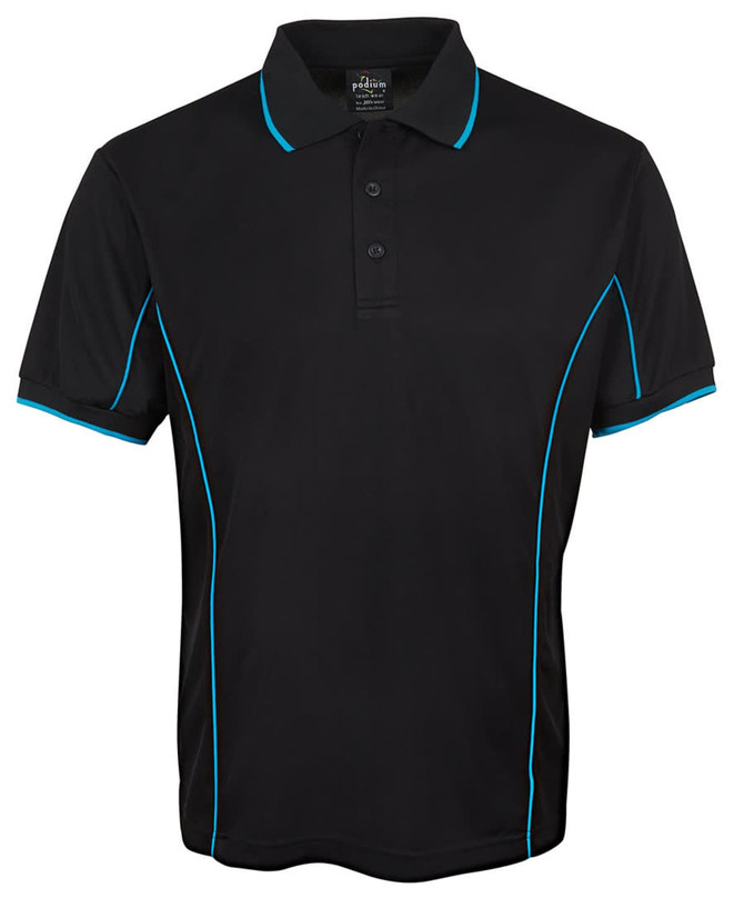 A black polo shirt with blue piping and a collar, featuring a logo on the label.