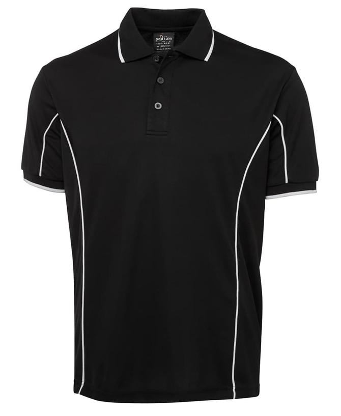 A black polo shirt with white piping details and a three-button collar. It features a logo on the chest.