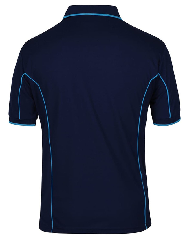 A navy polo shirt featuring light blue piping and a logo on the back. Suitable for casual or active wear.