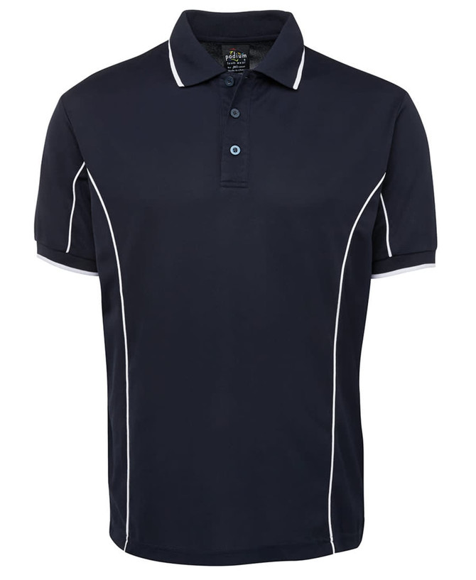 A navy polo shirt with white piping, featuring a collar and three-button placket. It has a logo on it.
