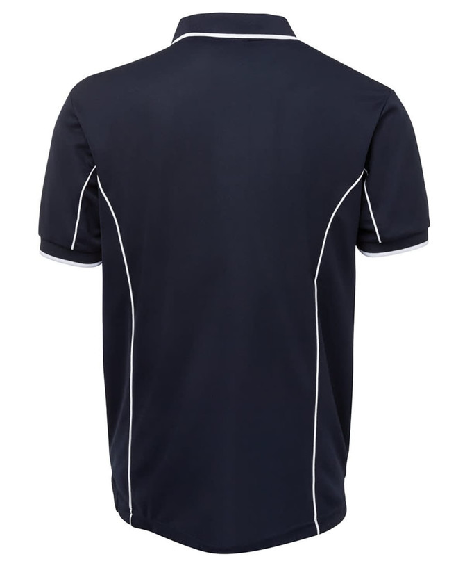 A dark navy polo shirt with white piping details, featuring a collar and short sleeves. It includes a branding logo.