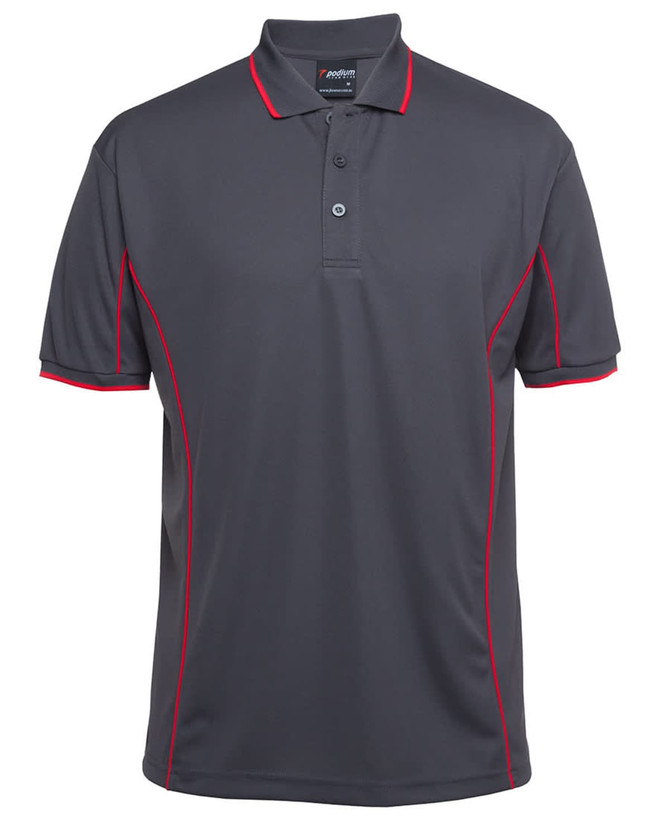 A grey polo shirt with red piping, featuring a collar and three-button placket. Includes a logo on the chest.
