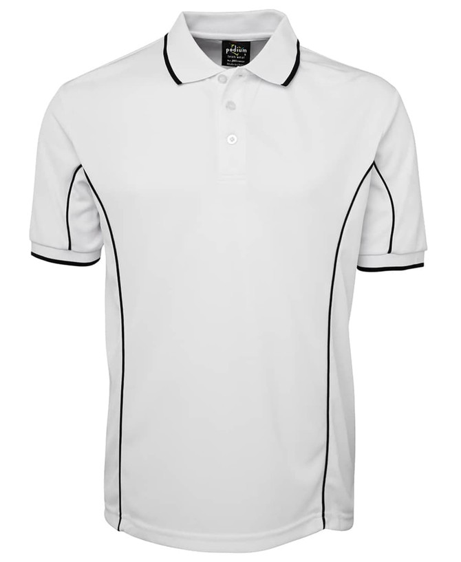 A white polo shirt featuring black piping along the seams and a logo on the tag.