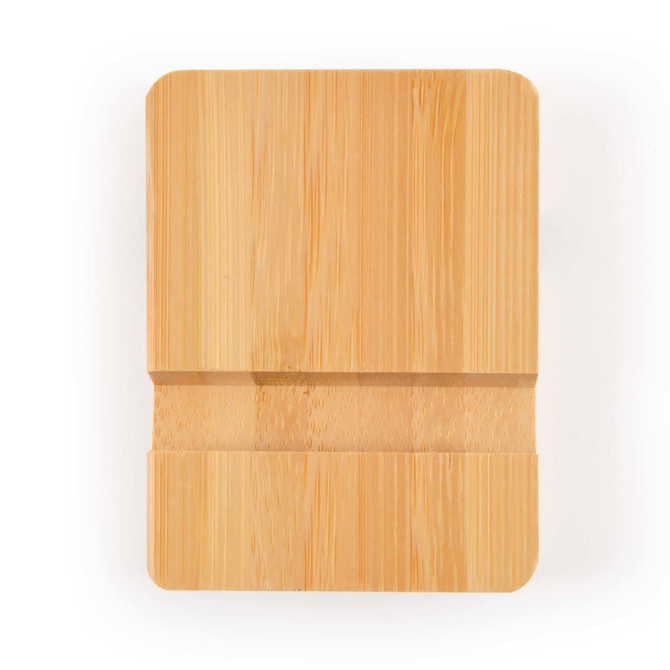 A bamboo tablet and phone stand featuring a natural wood finish, designed for holding devices.