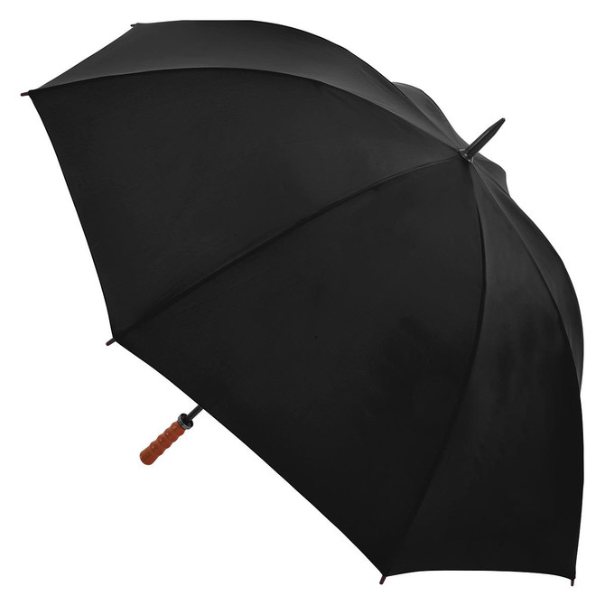 A black umbrella with a wooden handle, featuring a simple design and a classic shape.